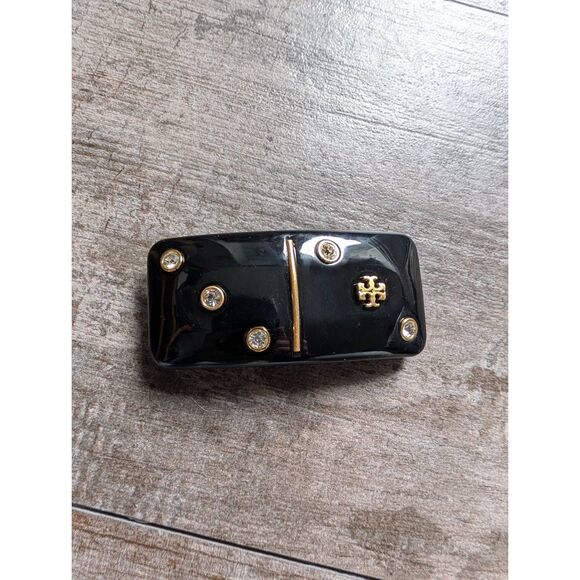 TORY BURCH Kira Black Domino Gold Logo Studded Barrette Hair Clip main image 5